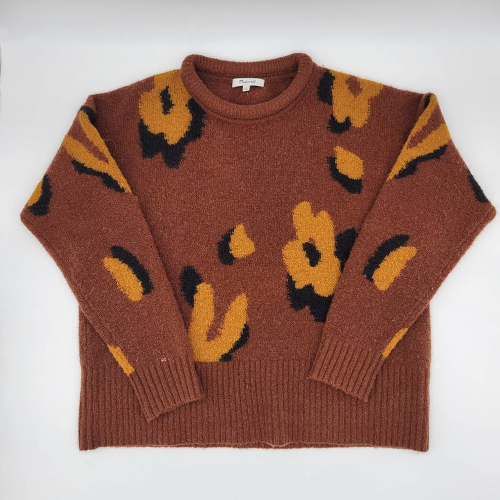Madewell Women's Pullover Sweater Brown Leopard Long Sleeve Acrylic Blend Knit M